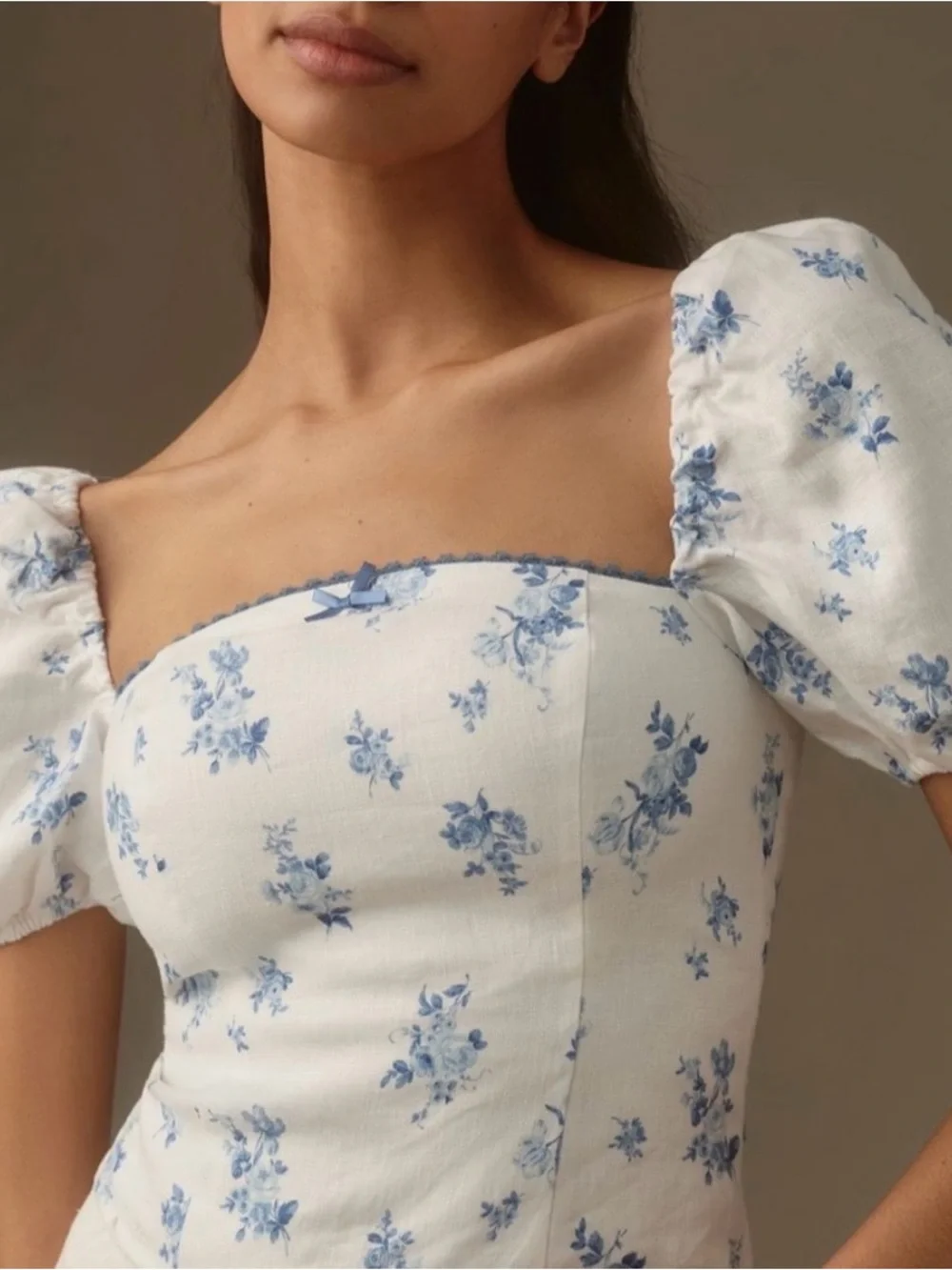 Reformation Marella Linen Top- Blue White floral print